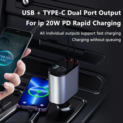 100W Scalable Car Charger 4-In-1 USB C- Cable Suitable for Iphone, Huawei, Samsung Fast Charging Cable, Cigarette Lighter Adapte