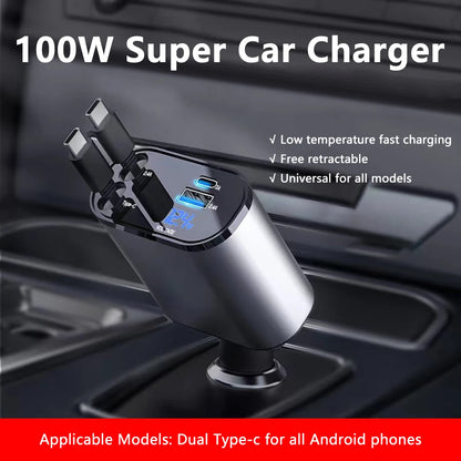 100W Scalable Car Charger 4-In-1 USB C- Cable Suitable for Iphone, Huawei, Samsung Fast Charging Cable, Cigarette Lighter Adapte