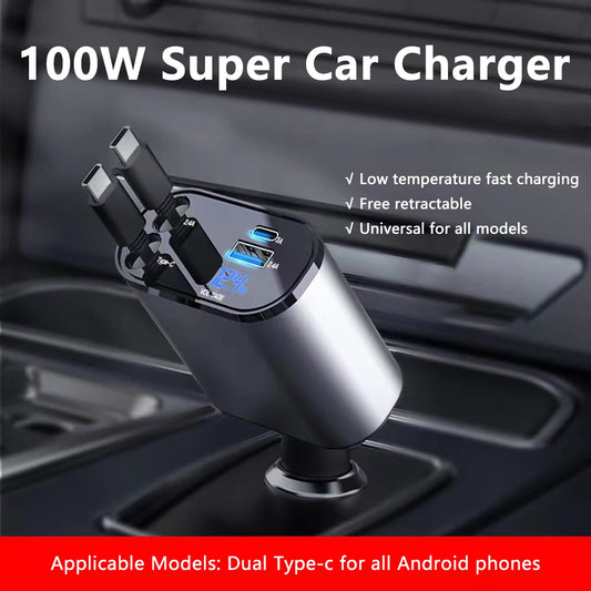 100W Scalable Car Charger 4-In-1 USB C- Cable Suitable for Iphone, Huawei, Samsung Fast Charging Cable, Cigarette Lighter Adapte